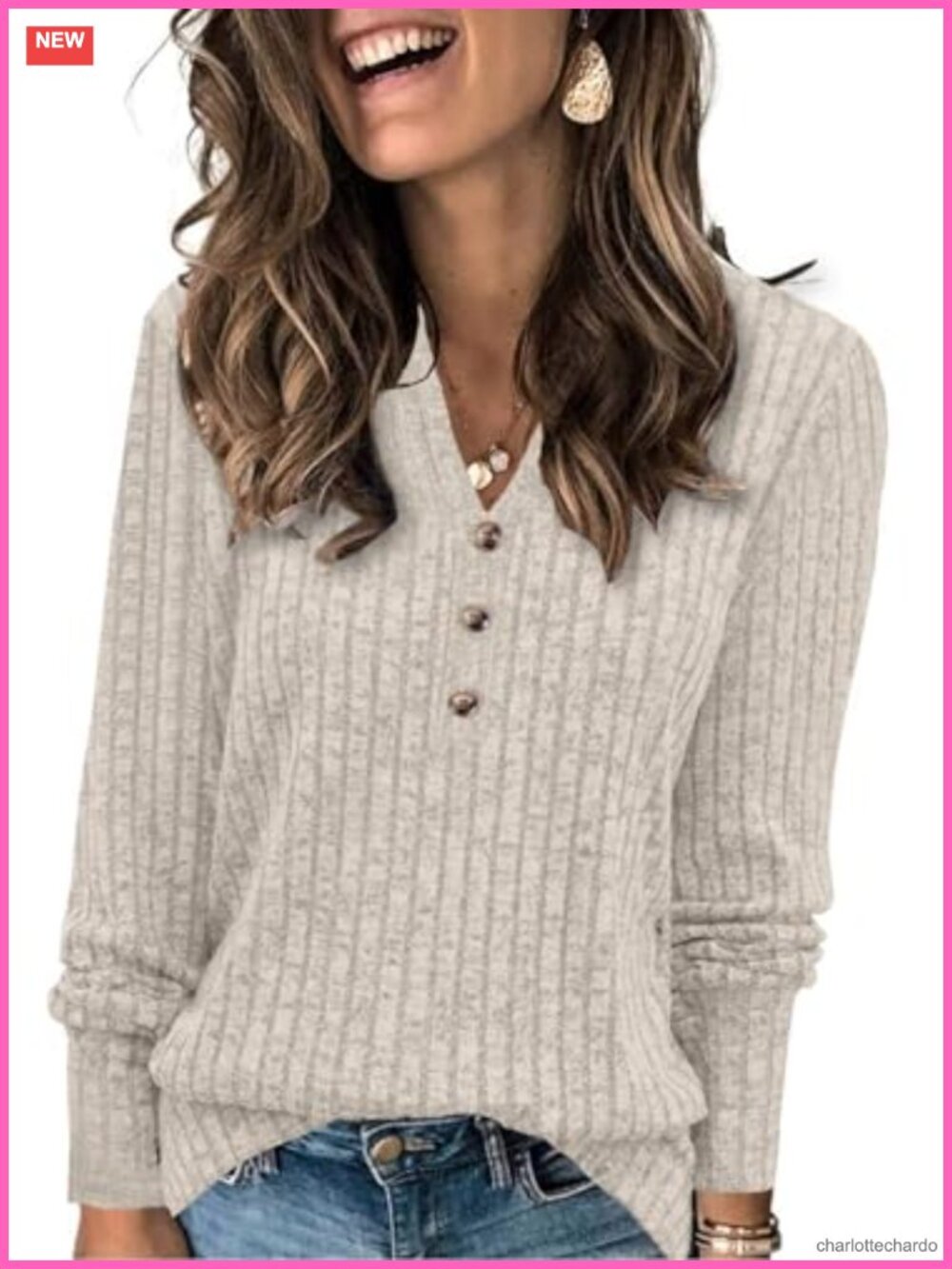 Women's Henley Neck Long Sleeve Pullover Sweater, Button Detail